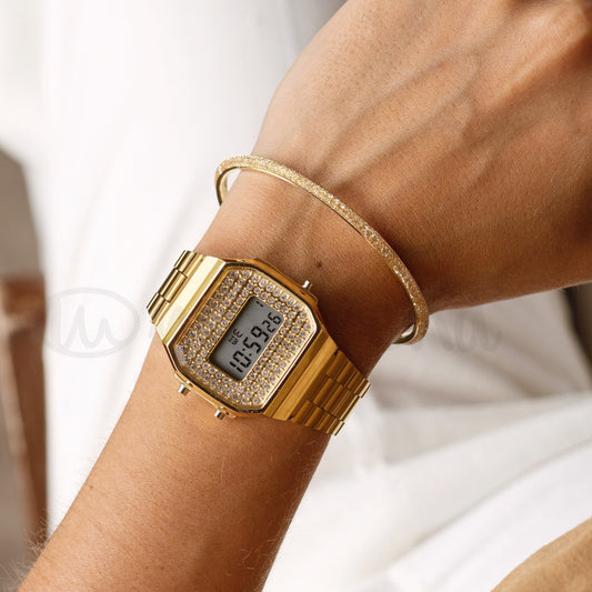 Relógio retro eureka em aço dourado
