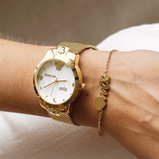 Relógio amo-te mãe angelical em aço dourado