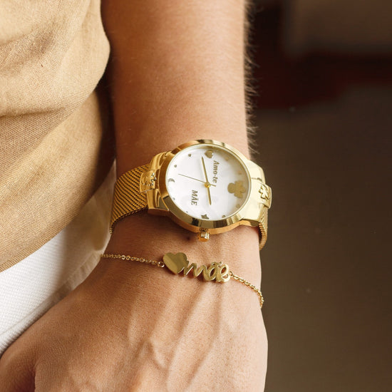 Relógio amo-te mãe angelical em aço dourado
