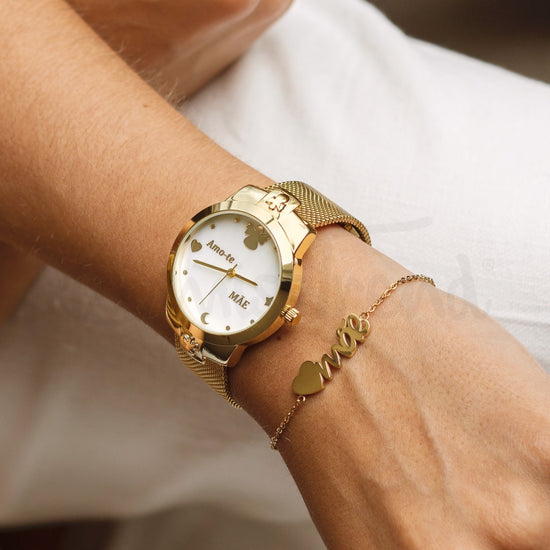 Relógio amo-te mãe angelical em aço dourado
