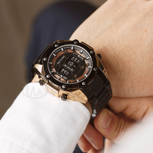 Relógio masculino skyline timeless steel preto rosa gold