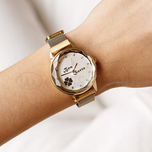 Relogio feminino boa sorte dourado em aço
