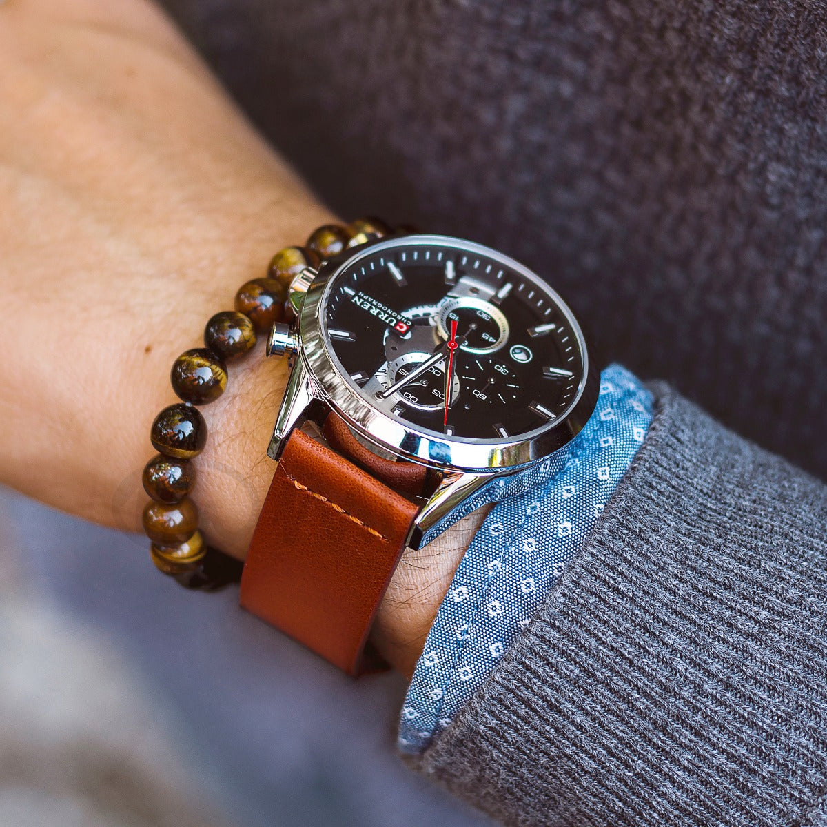relogio curren leather masculino castanho claro em camurça