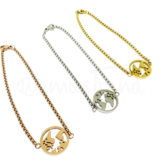 Pulseira em aço com pendente mundo