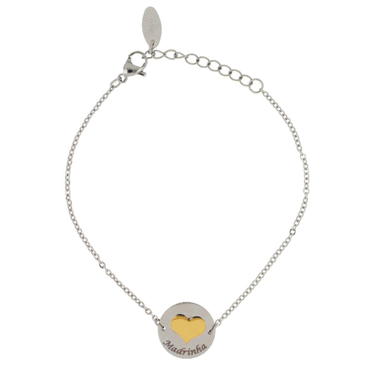 Pulseira Madrinha Prateada com Coração Dourado em Aço