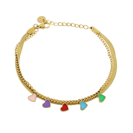 Pulseira Colourfull Hearts Dourada em Aço