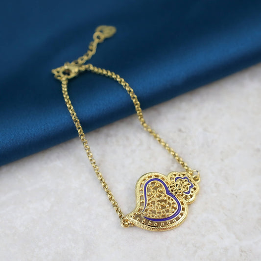 Pulseira Coração de Viana Azul em Banho de Ouro