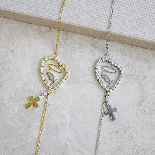 Pulseira Nossa Senhora c/Cruz com Brilhantes em Aço