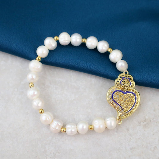 Pulseira Pérolas Coração de Viana Azul em Banho de Ouro