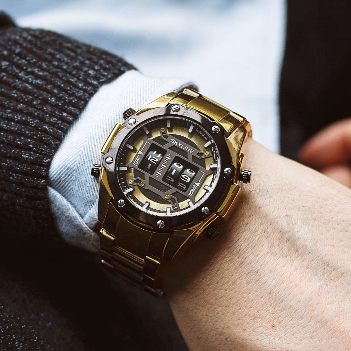 Relógio masculino skyline timeless steel preto dourado